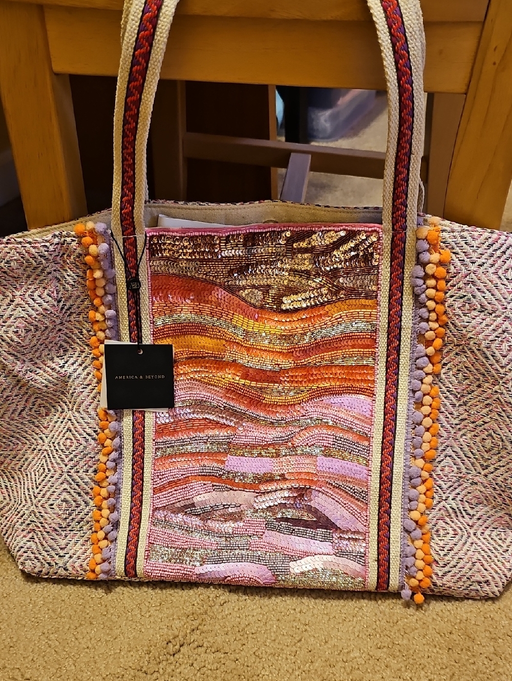Sequin & Pom-Pom Coral Pink Tote by AMERICAN & BEYOND